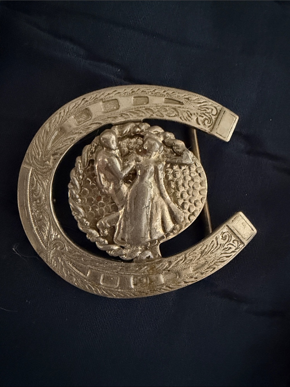 Rockmount Gold Horseshoe Belt Buckle with Dancing Couple Detail